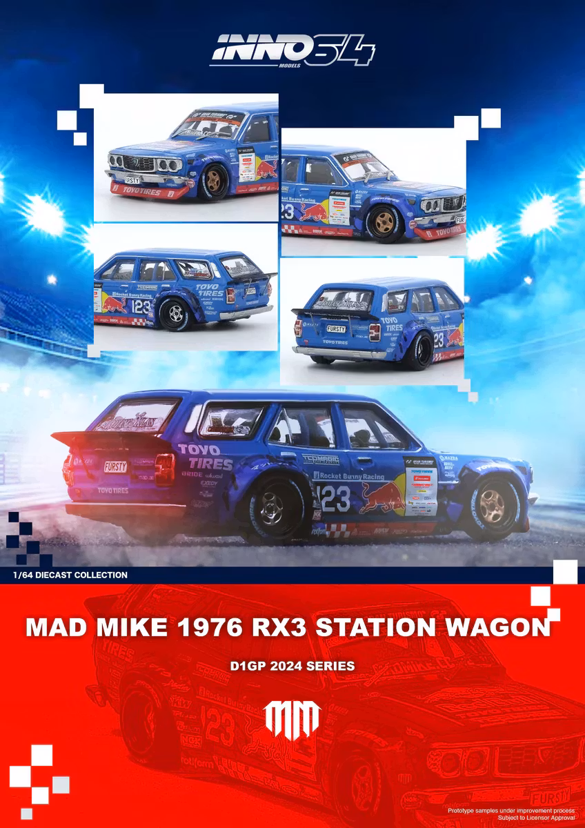Skala 1/64 Mazda RX3 Station Wagon - Mad Mike 76' D1GP 2024 Series  fr Inno64