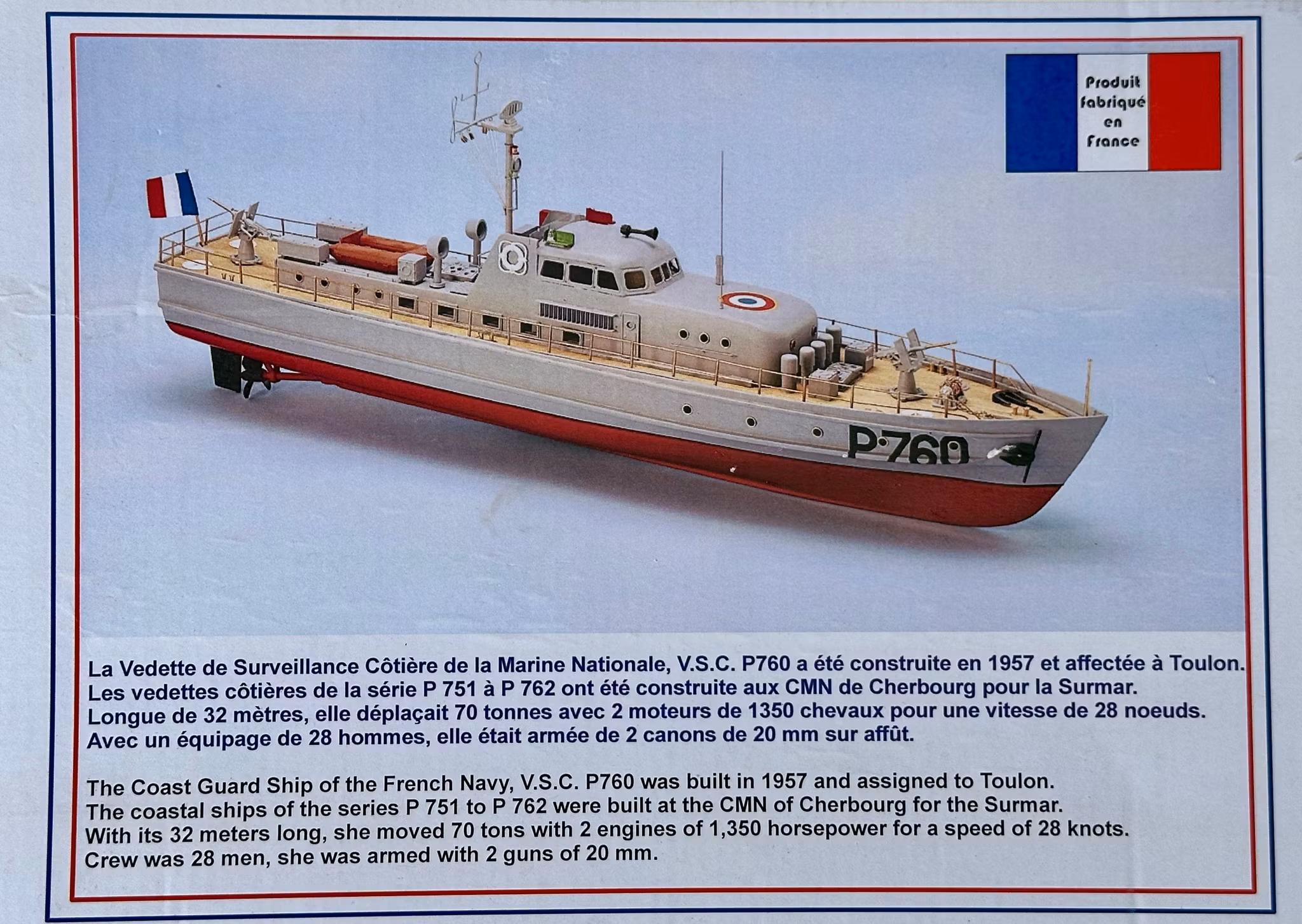 Skala 1/40 Building kit V.S.C P760 Surveillance ship - fr New Cap Marquettes - Wodden hull