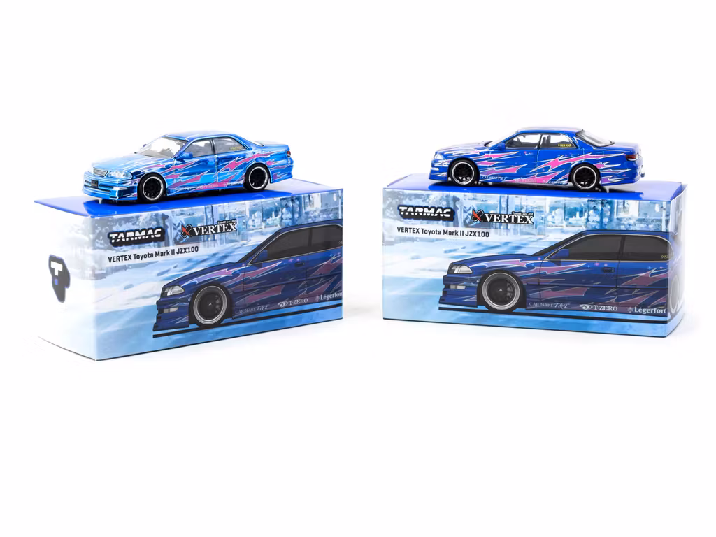 Skala 1/64 VERTEX Toyota Mark II JZX100 Blue Metallic fr Tramac Works - GLOBAL64