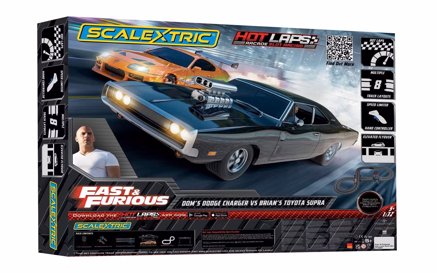Skala 1/32 Scalextric Slot Racing Track: Fast and Furious Hot Laps Race Set, C1458M