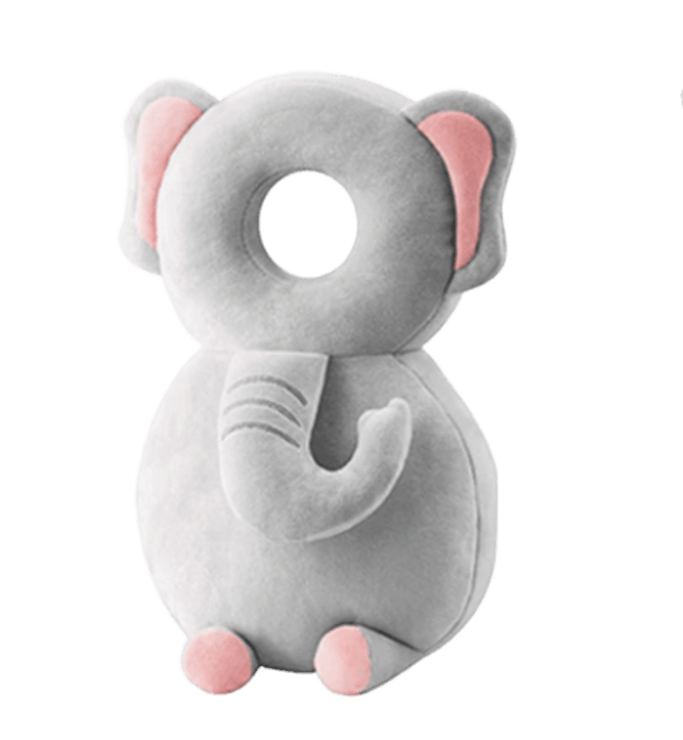 Ett mjukt huvudskydd till barn som ska lära sig gå i form av en grå elefant