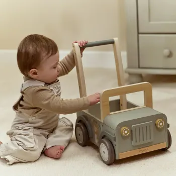 Little Dutch - Safari Friends Push Cart Safari Car - Green Lära-gå-vagn
