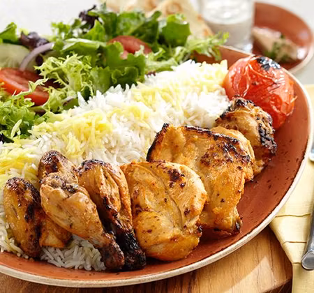 Jojeh kabab med saffran riss och grillade tomat