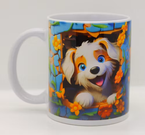 Fluffig hund med orange blommor