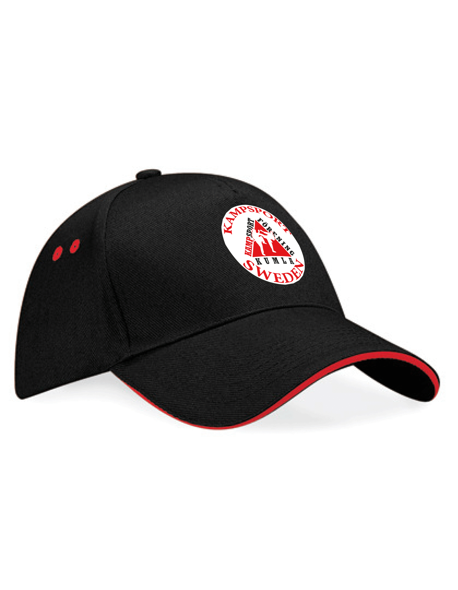 Svart keps med röd kontrastkant och röd Kampsportföreningen Kumla-logga på fronten.