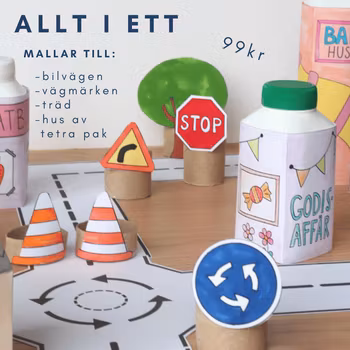Allt i ett: bilbana, vägmärken & hus