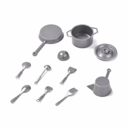 Söta miniatyrer, köksredskap, grå plast, 15-55mm (10st)
