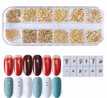 Ask med nail art, 12st modeller guldmetall