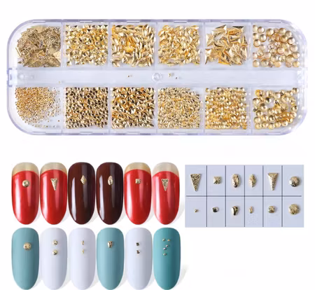 Ask med nail art, 12st modeller guldmetall