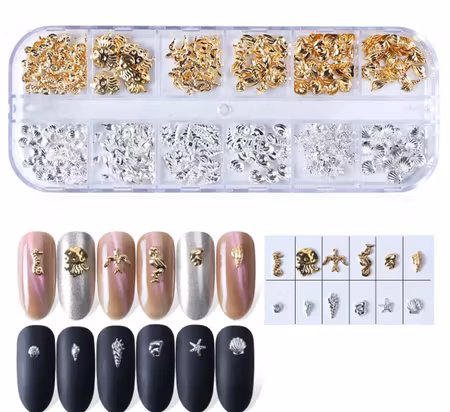 Ask med nailart, 12st modeller guld&silvermetall