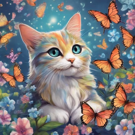 Painting by numbers, katt med fjärilar, 40x40cm, med trästomme.