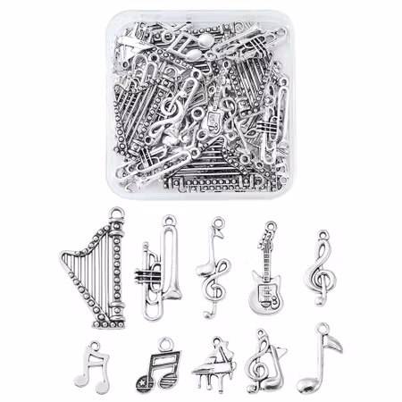Berlocker med musikinstrument, antik silver (10st)