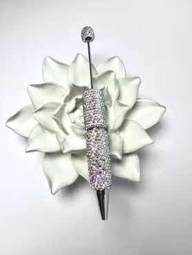 Pärla en penna, vit polymerlera med rhinestones, handgjord