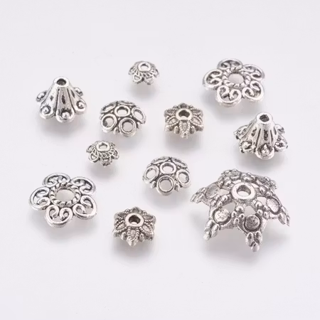 Pärlhatt, mix blommor i antik silver, 4-17mm (50st)