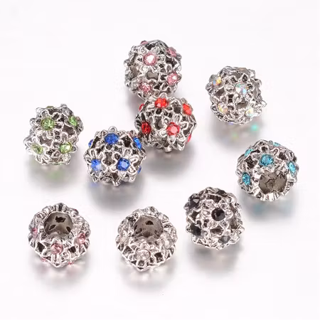 Pärlor i blandmetall, ormlänk, rhinestones som blommor, 11x9mm (5st)