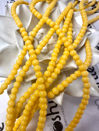 Sträng med glaspärlor, blank senapsgul, 4mm (98st)