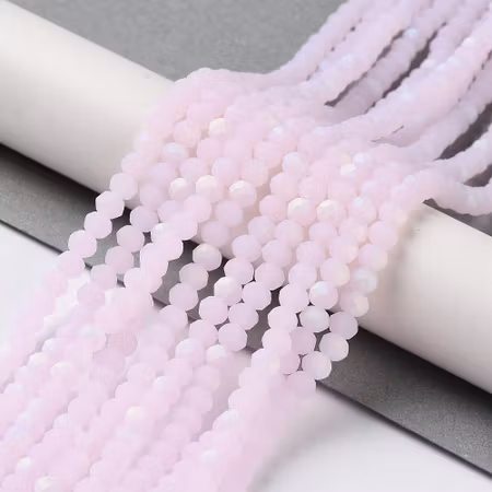 Sträng slipade glasrondeller, halvpläterad frostad jade, pearl pink, 4mm (ca 110st)
