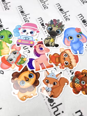Klistermärken, cartoon animal mix, vattentäta av vinyl (10st)