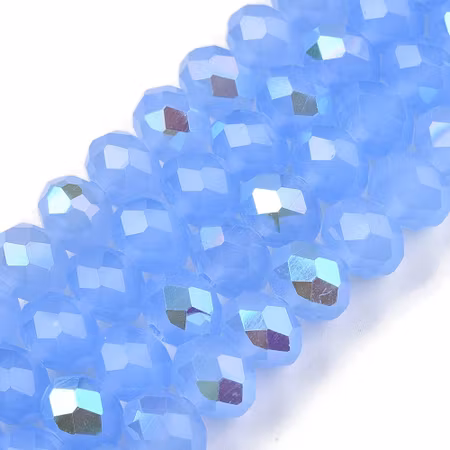 Sträng facetterade glasrondeller, crystal blue, AB Jadeimitation, 8x6mm (65st)