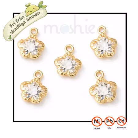 Berlocker av blomma med guldram och rhinestone av glas 13,5mm 5st