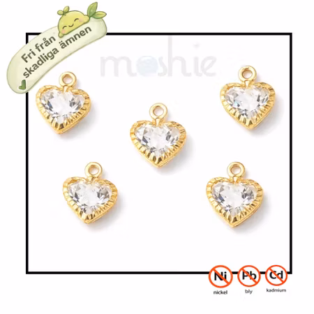 Berlocker av hjärta med guldram och rhinestone av glas 13,5mm 5st