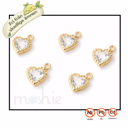Berlocker av sneda hjärtan med guldram och rhinestone av glas 15mm 5st
