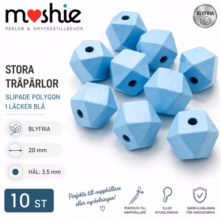 Stora träpärlor 20mm blå slipade polygon 10-pack 3,5mm hål
