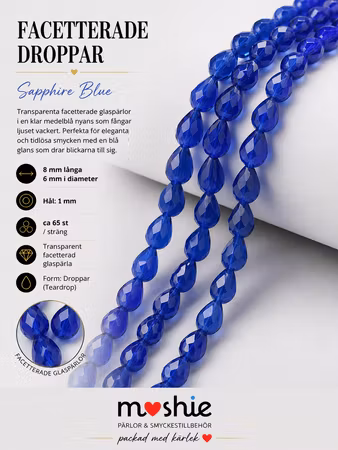Glaspärlor facetterade droppar 8x6mm Sapphire Blue 65st