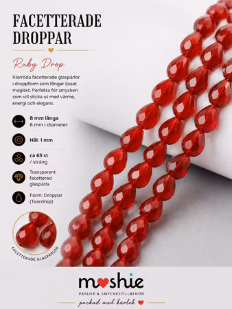 Glaspärlor facetterade droppar 8x6mm Ruby Drop 65st