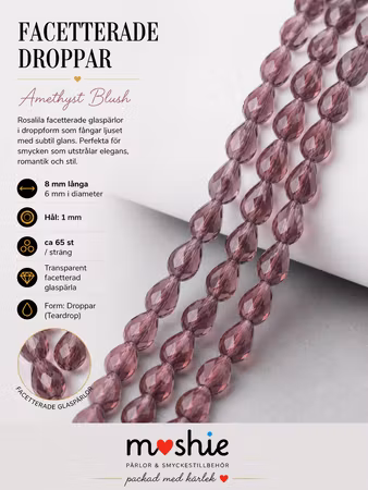 Glaspärlor facetterade droppar 8x6mm Amethyst Blush 65st
