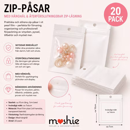 Hållbara vita zippåsar med fönster 10x7cm 20st