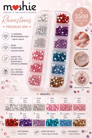 Rhinestones premium-mix 2-4mm i förvaringsask med 12 fack 3500st