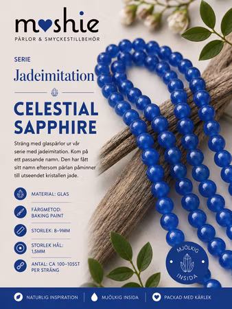 Glaspärlor runda på sträng 8-9mm Jadeimitation Celestial Sapphire 100st