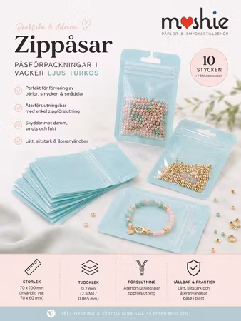 Zippåsar i ljusturkos blixtlåspåse 10x7cm 10st
