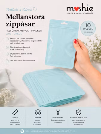 MellanStora zippåsar i ljusturkos blixtlåspåse 20x14cm 10st