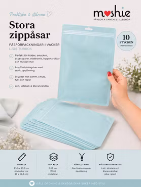 Stora zippåsar i ljusturkos blixtlåspåse 23,9x15,9cm 10st