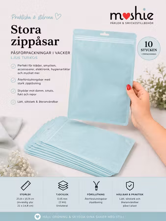 Stora zippåsar i ljusturkos blixtlåspåse 23,9x15,9cm 10st