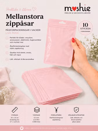 MellanStora zippåsar i ljusrosa blixtlåspåse 20x14cm 10st