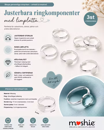 Ring justerbar stomme 17mm med limplatta 8mm 3st