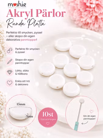 Platta runda vita akrylpärlor 15mm 10st Penntopper