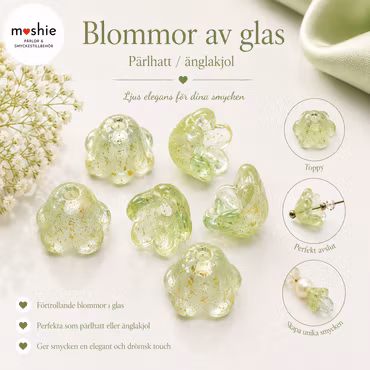 Glasblomma i frostat glas med golddust leaves 12mm 20st