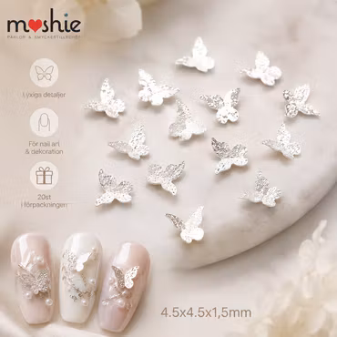 Fjärilar av mässing 4,5mm silver nail art dekoration 20st
