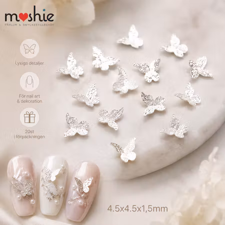 Fjärilar av mässing 4,5mm silver nail art dekoration 20st