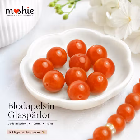 Stora glaspärlor blodapelsin 12mm 10st