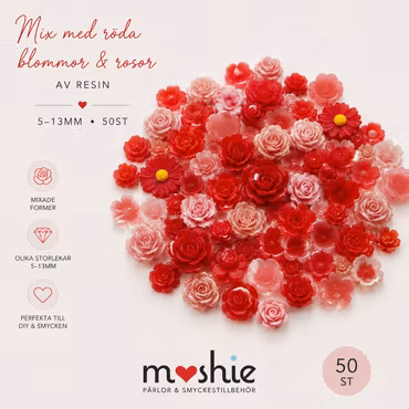 Nail art röda mixade blommor av resin 5-13mm 50st