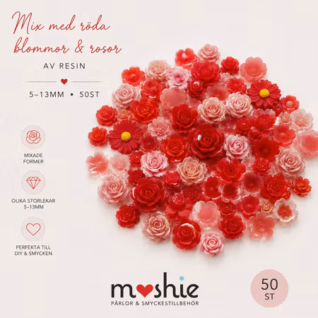 Nail art röda mixade blommor av resin 5-13mm 50st