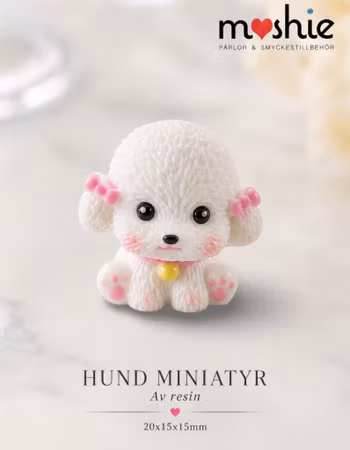 Miniatyr vit hund med rosa rosett 20mm