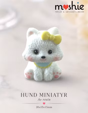Miniatyr vit hund med gul rosett 20mm