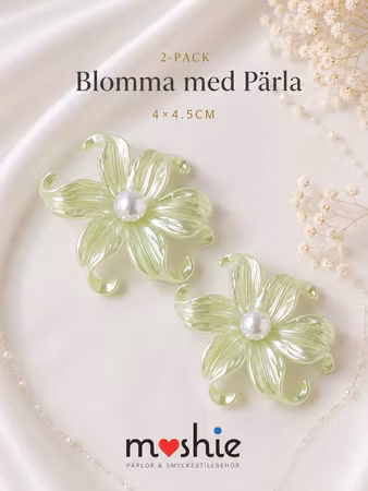 Stora kurviga blommor med pärla pärlemor ljusgrön 2st