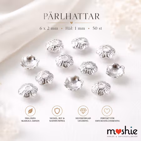 Pärlhatt 6mm av silverfärgad legering blomma 50st
